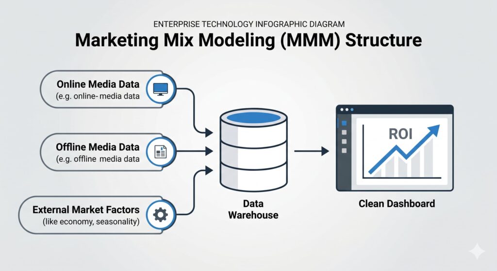 Diagrama detallado de la estructura de datos del Marketing Mix Modeling (MMM), mostrando la integración de variables de marketing offline, online y factores externos para calcular el ROI de la empresa.